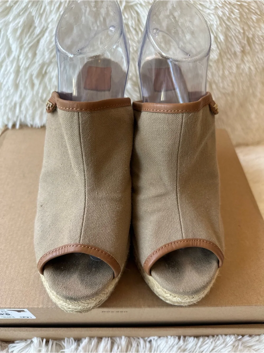 Tory Burch Agatha Canvas Espadrille Wedge Mule Sandals Tan Size 9.5 Peep Toe